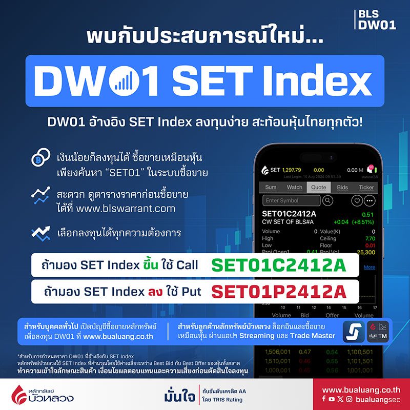 DW01 อ้างอิง SET Index เริ่มซื้อขายวันแรก 19 ส.ค. 67